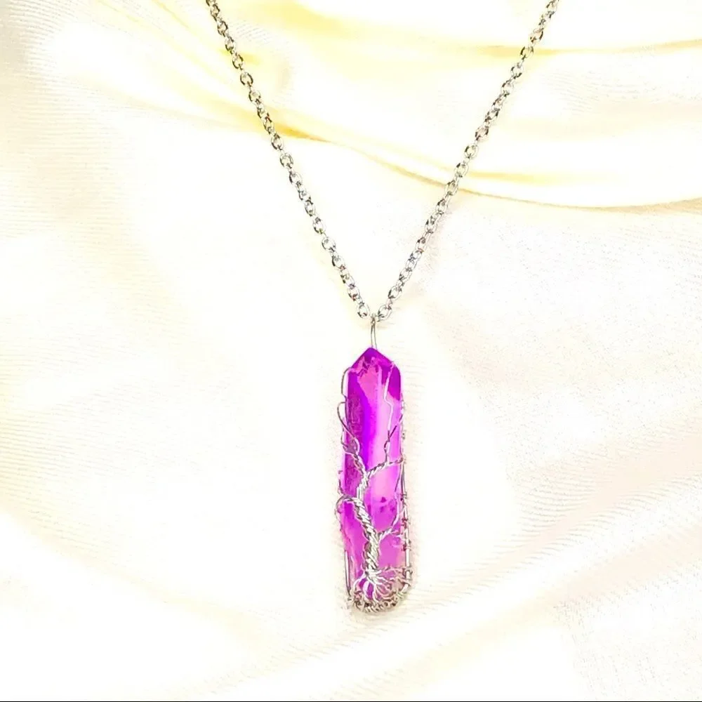Wire Wrapped Quartz Crystal Necklace Tree of Life, Lavender - Picture 7 of 15